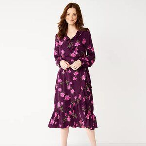 Draper James RSVP Long Sleeve Ruffle Midi Purple Floral Wrap Dress XS
